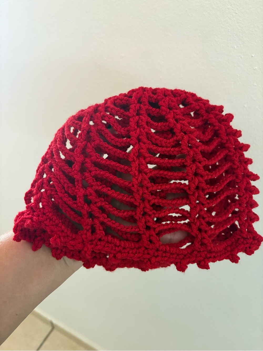 Hand-Crocheted Red Open-Weave Beanie